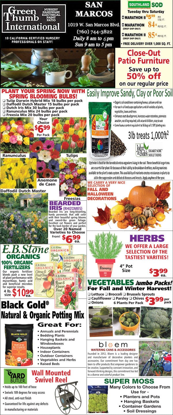 A flyer promoting a Southern California plant nursery featuring a variety of plants and flowers.