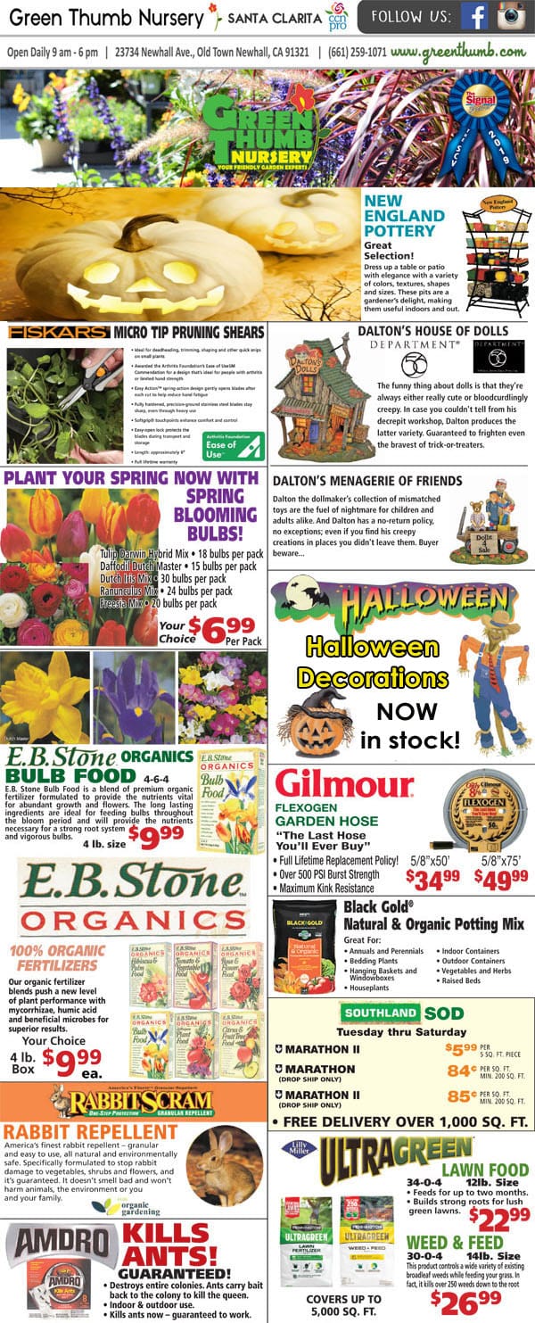 Front page of Southern California garden center newspaper showcasing a variety of plants and flowers.