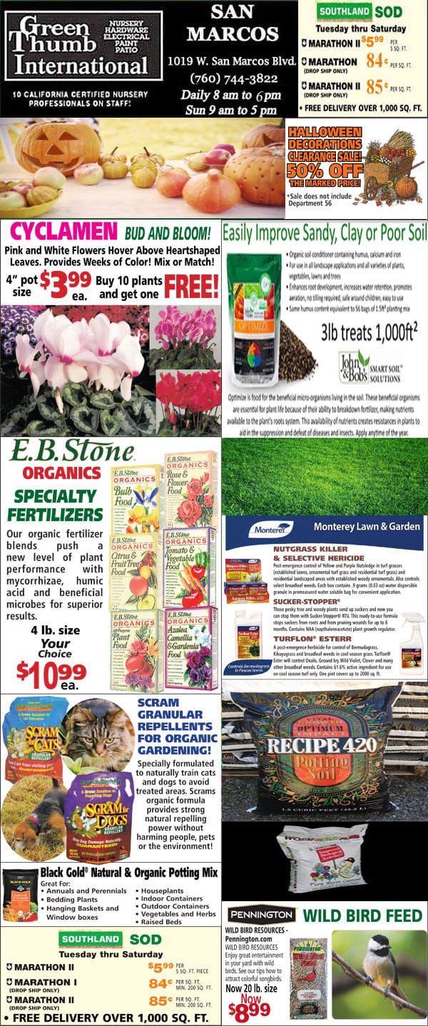 The front page of a newspaper featuring a variety of products, with a focus on garden centers and plant nurseries near SoCal.