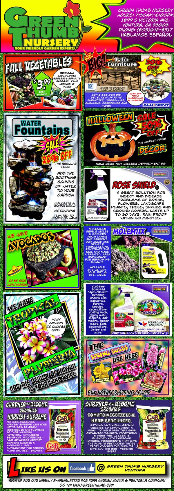 The front page of a magazine featuring a diverse array of pictures from a Southern California garden center.