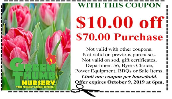 A 10% off coupon for tulips at a Southern California garden center.