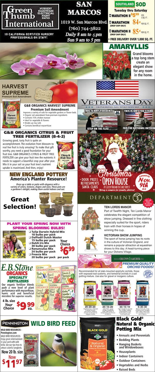 A flyer showcasing a wide selection of plants and flowers at a Southern California plant nursery and garden center near me.