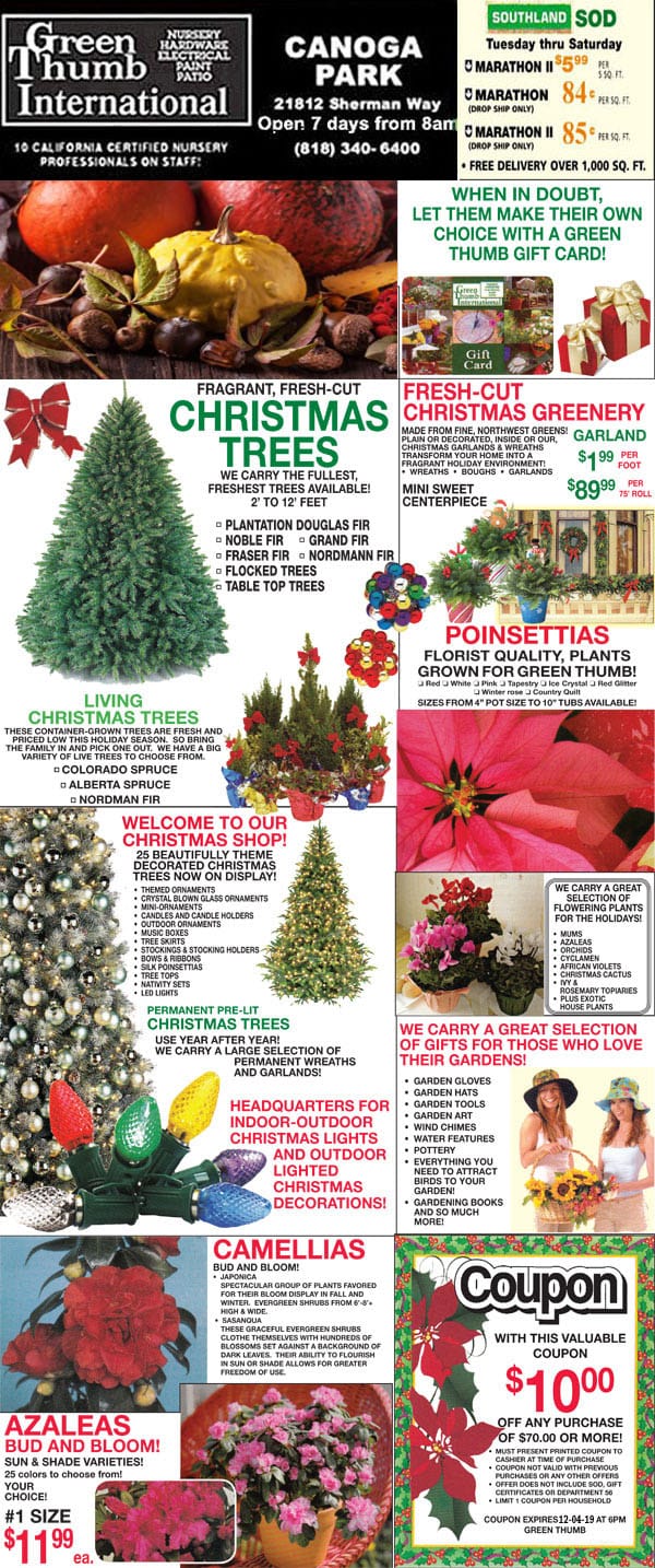A flyer advertising a Southern California plant nursery with Christmas plants and flowers.