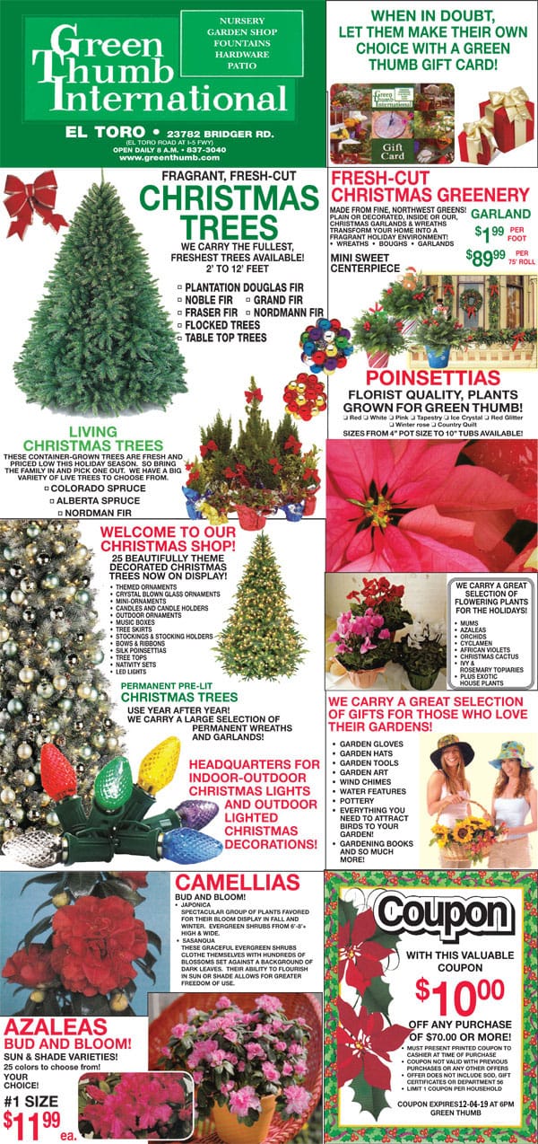 Catalog for an international selection of Christmas trees from a green SoCal garden center and nearby plant nursery.