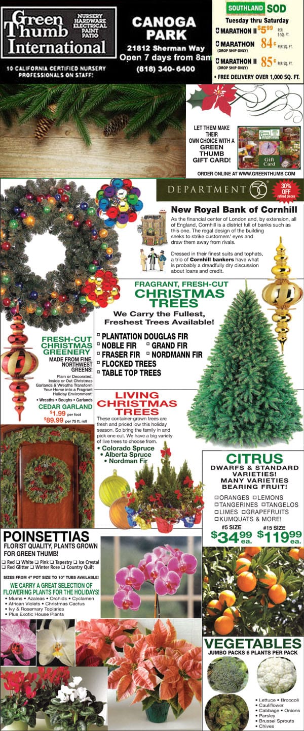 A flyer showcasing a selection of Christmas trees and decorations available at a Southern California plant nursery.