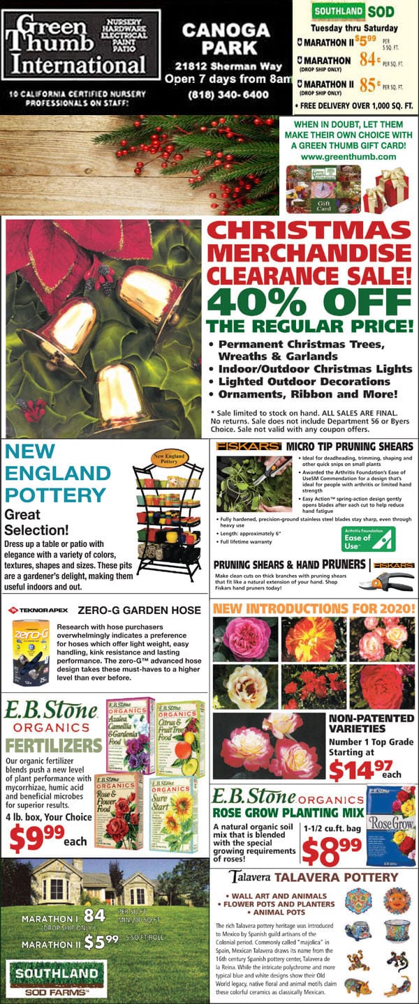 A front page newspaper featuring a vibrant Christmas ad from a SoCal garden center.