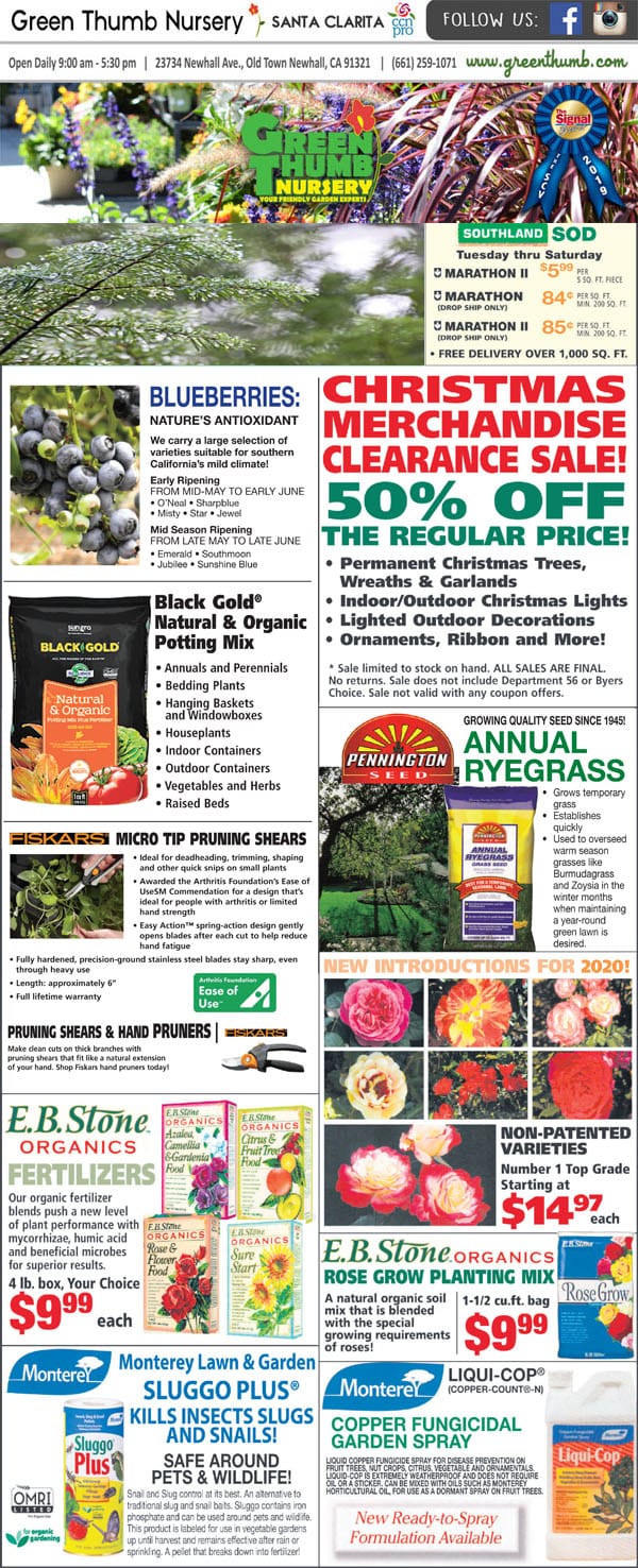 The front page of a Southern California plant nursery and garden center.