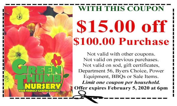 A greenthumb coupon with a red flower from a Southern California plant nursery.