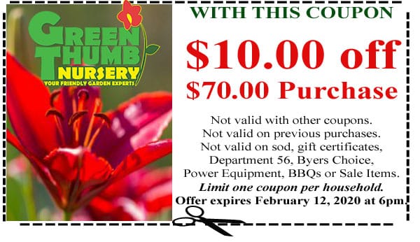 A green thumb coupon for a SoCal garden center nearby.