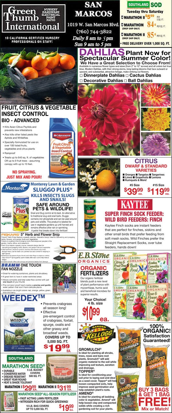 A flyer featuring a diverse assortment of fruits and vegetables available at a Southern California plant nursery.