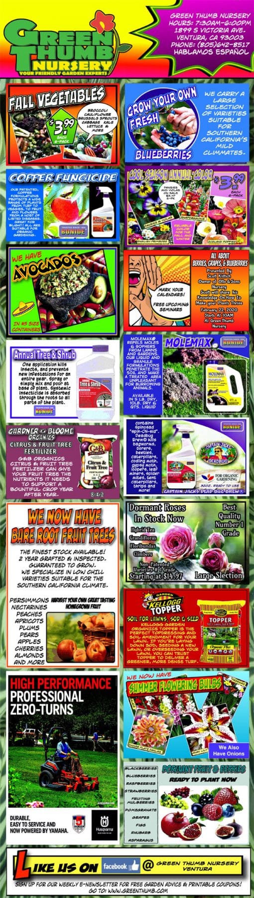 A colorful front page of a magazine showcasing diverse pictures from a SoCal garden center in Southern California.