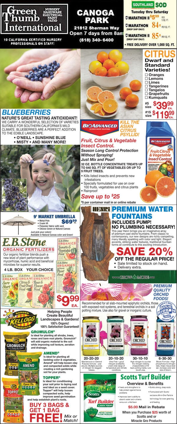 A flyer showcasing a selection of fresh produce from a local plant nursery in Southern California.
