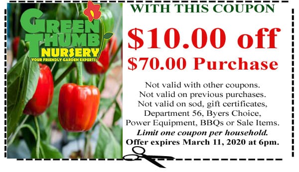 A green Tuesday coupon at a Southern California garden center with a red tomato and a green Tuesday sign.