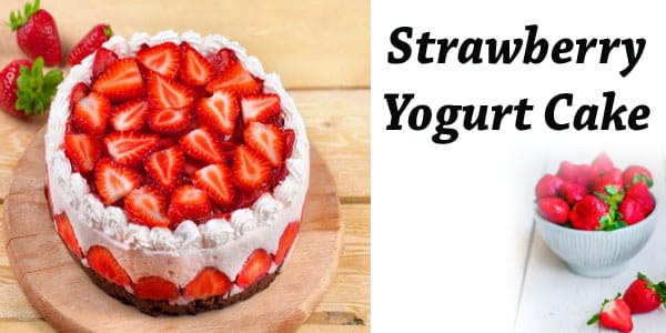 A strawberry yogurt cake is sitting on top of a wooden board at a garden center near me.