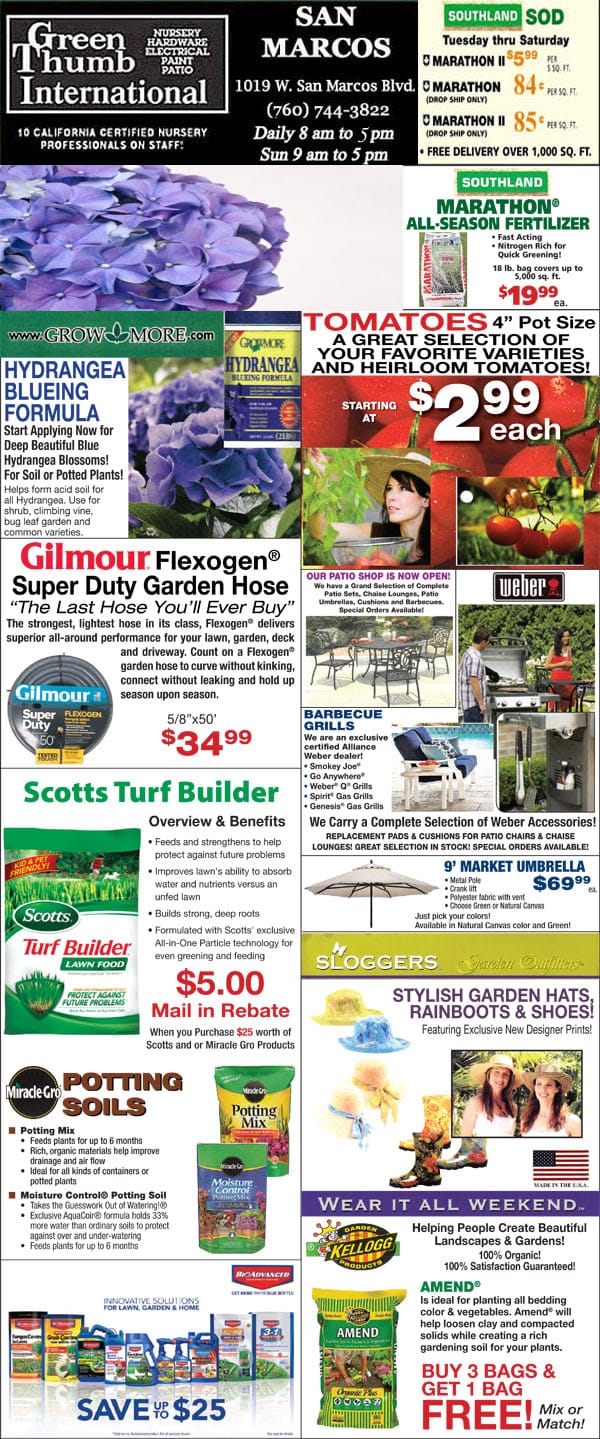 A flyer featuring plants and flowers available at a Southern California plant nursery.