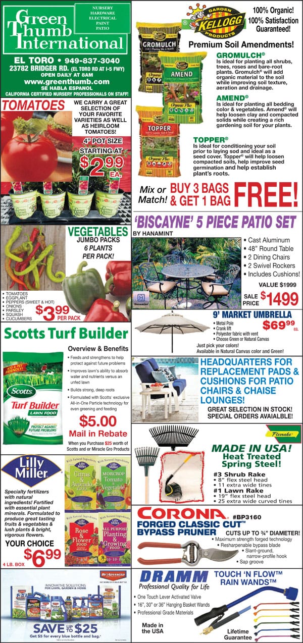 A flyer showcasing a variety of items for sale at a Southern California garden center.