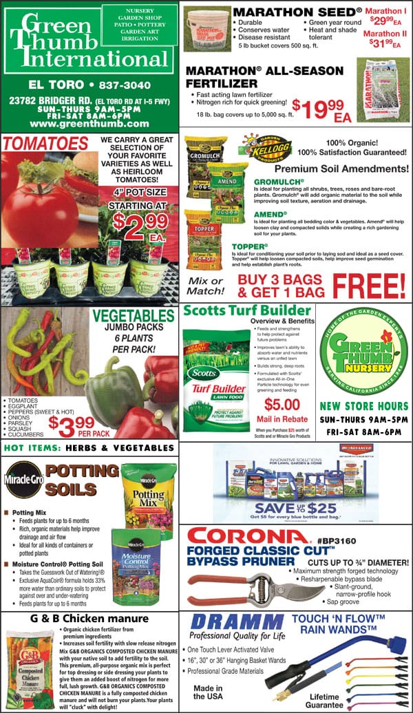 A flyer showcasing a variety of products available at a nearby plant nursery and garden center.