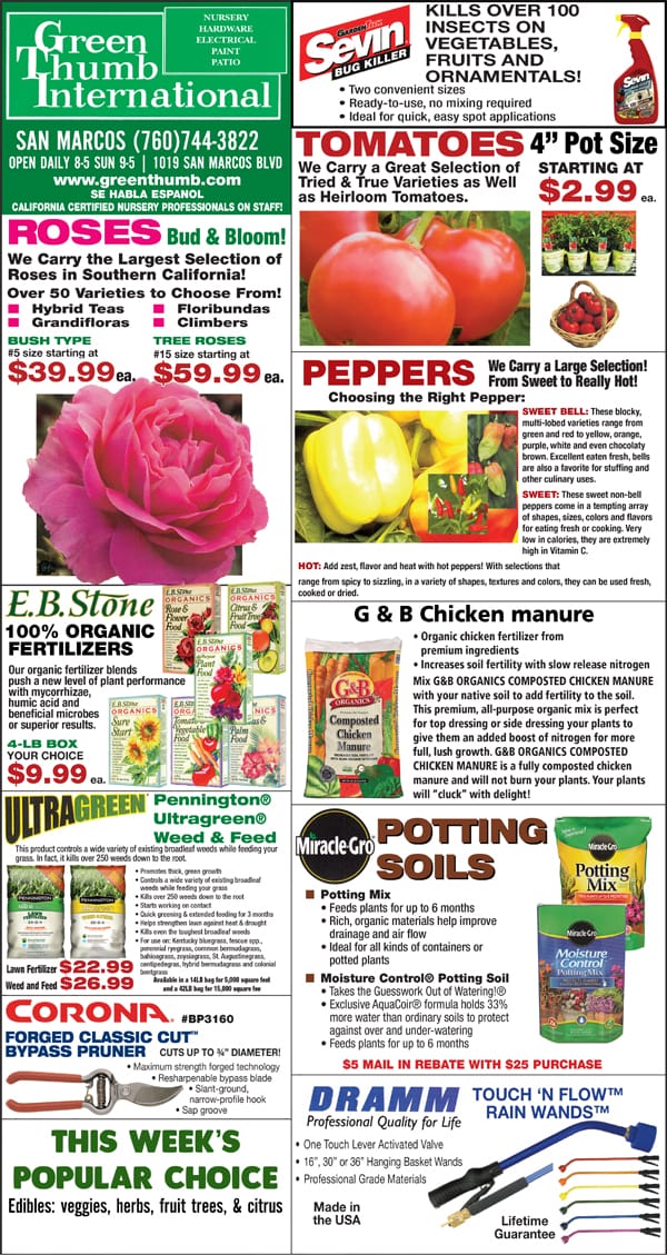 A flyer for a SoCal garden center offering a variety of products.