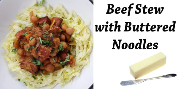 One-pot beef stew served with buttery noodles.