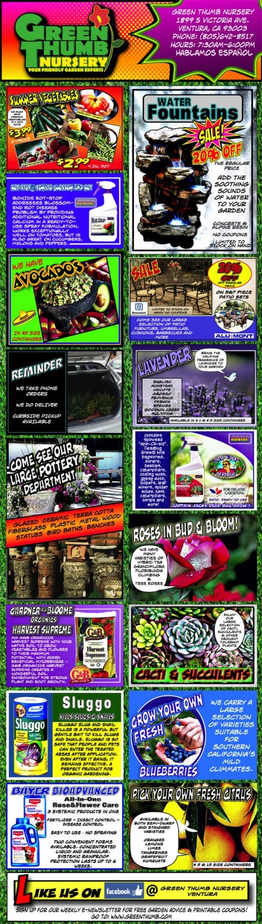 A visually captivating front page of a magazine featuring diverse pictures from a Southern California garden center.