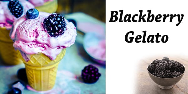 Blackberry gelato served in an ice cream cone.