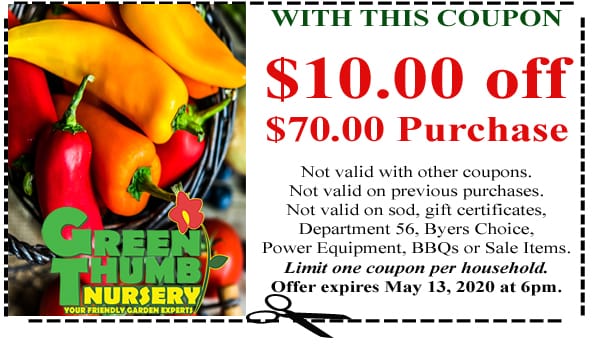A SoCal garden center coupon for a 10% off purchase at a green house nursery.