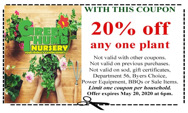 A Southern California plant nursery coupon offering 20% off any green thing.
