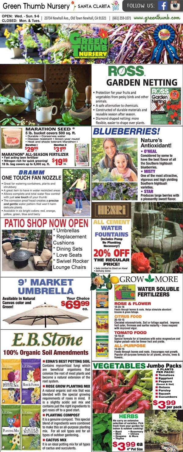 The front page of a gardening magazine showcasing a Southern California garden center.