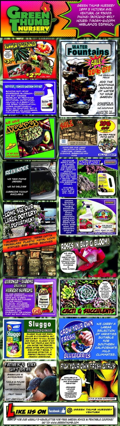 A flyer showcasing a diverse selection of products at a Southern California plant nursery.