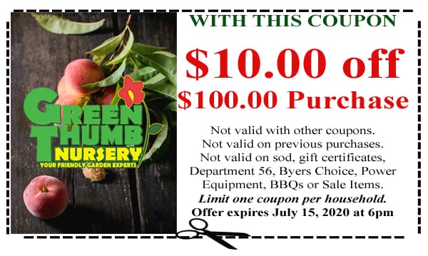 A plant nursery near me offering a green thumb coupon with a peach on it.