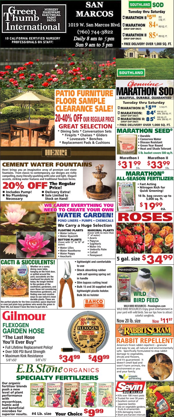 A flyer showcasing a variety of flowers and plants offered at a local garden center.