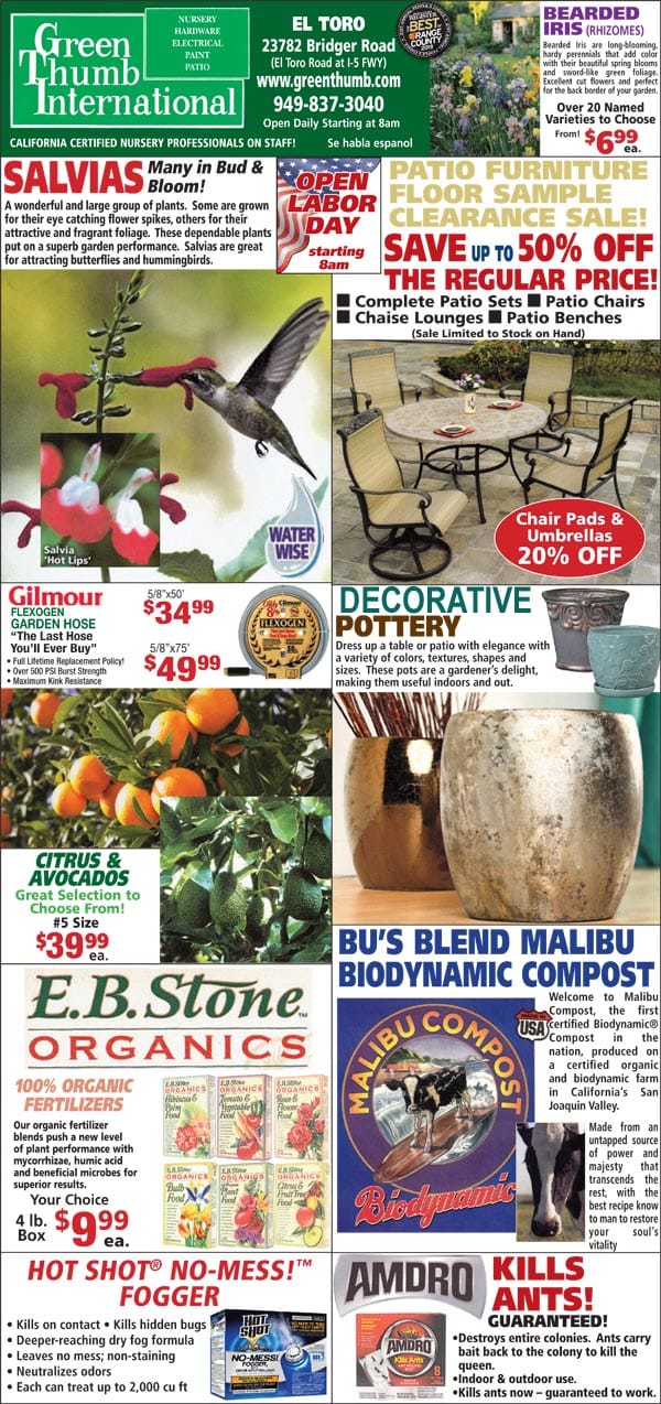 The front page of a magazine featuring a variety of nursery items and Southern California garden centers.