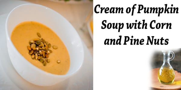A pumpkin soup recipe featuring corn and pine nuts, perfect for a cozy fall meal from your nearby garden center.