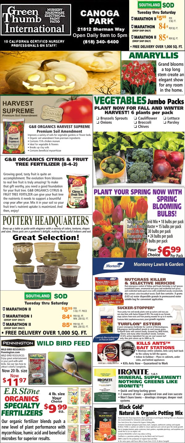 A flyer showcasing a diverse selection of fruits and vegetables available at a nearby nursery or garden center.