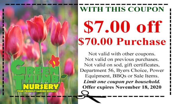 A discounted coupon for a local garden center offering green nursery products featuring a vibrant red tulip.