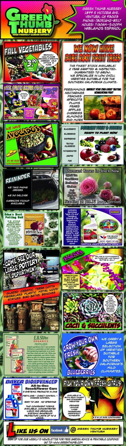 A diverse flyer showcasing an assortment of items at a top-tier Southern California nursery.