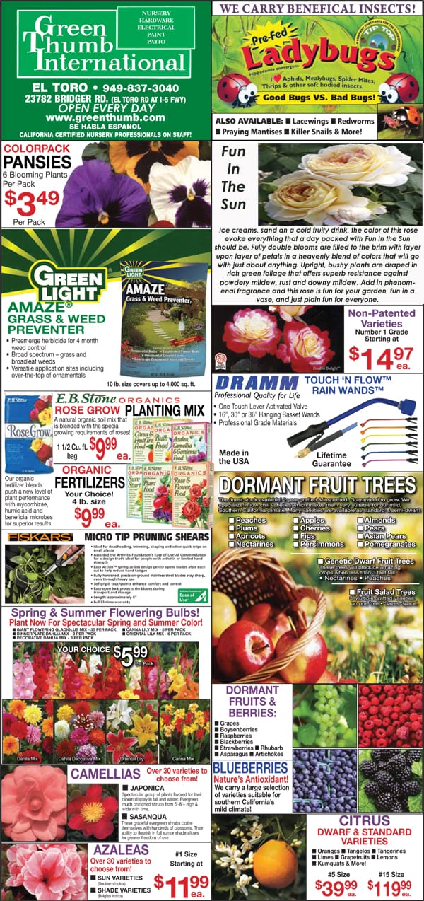 A flyer advertising a local garden center with a variety of plants and flowers.