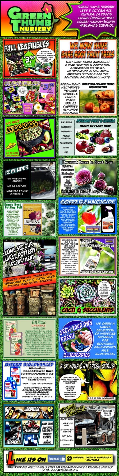 The front page of a magazine showcasing a diverse array of plants available at a nearby garden center.