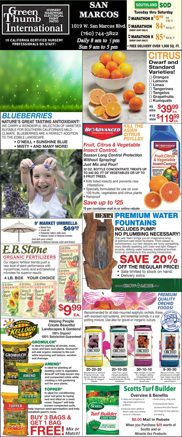 A flyer showcasing the diverse produce available at a premier SoCal garden center.