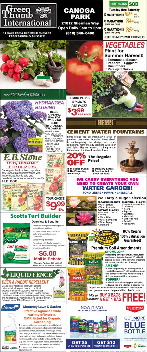A flyer displaying a variety of plants and flowers available at a nearby nursery garden center.
