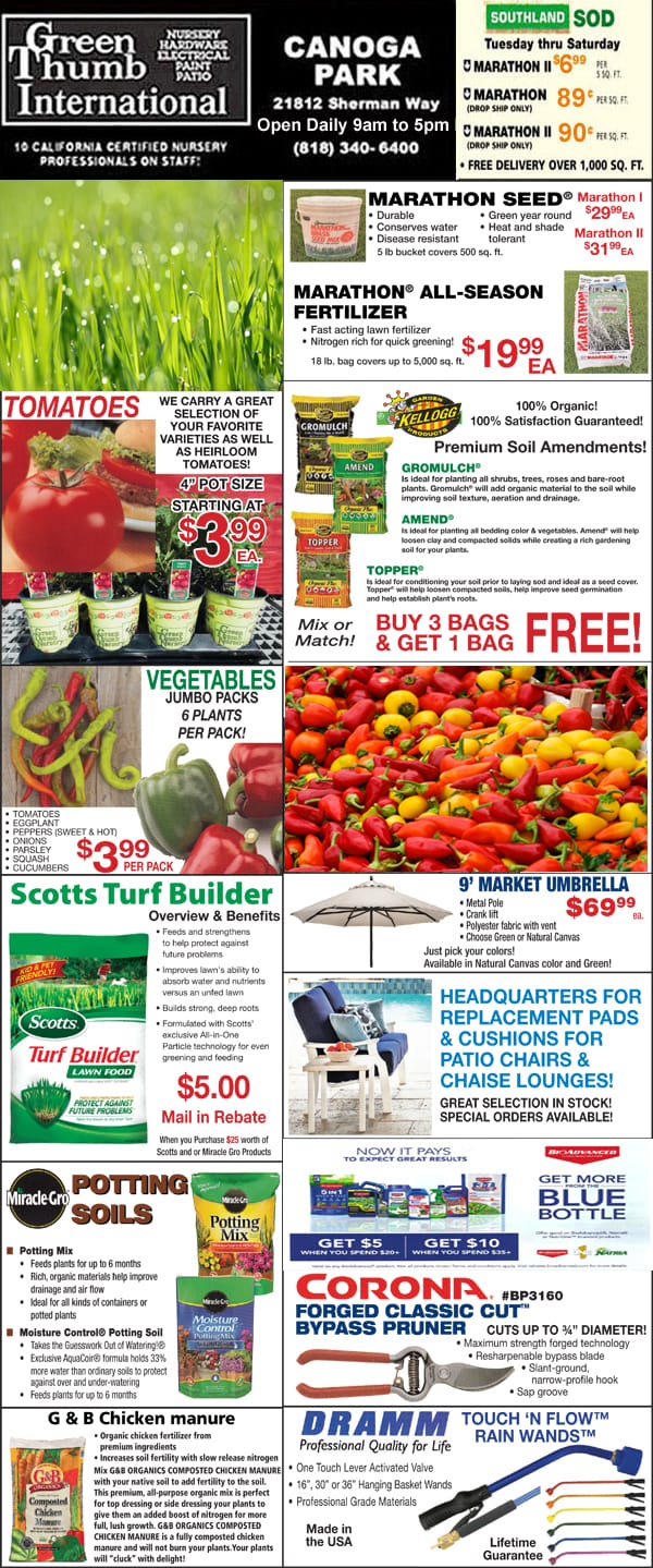 A flyer showcasing a variety of garden products available at a nursery near me.