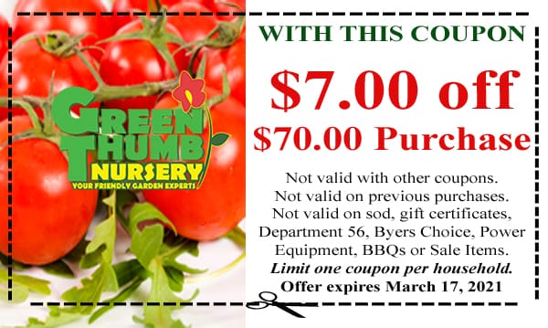 A coupon for a 7% discount on a purchase of $700 or more at a garden center near me.