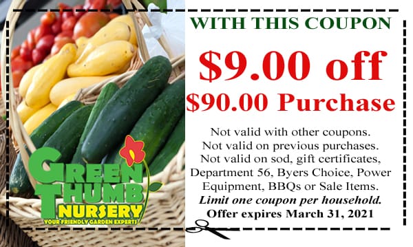 A green nursery coupon for a socal garden center with a basket of fruits and vegetables.