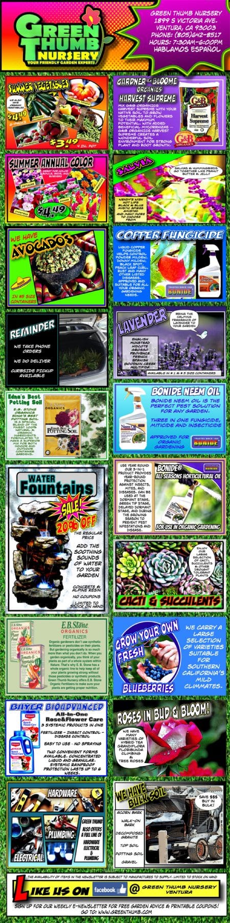 A flyer showcasing various offerings at a local garden center near me.