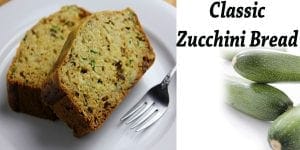 Classic zucchini bread topped with fresh zucchini from a nearby garden center.
