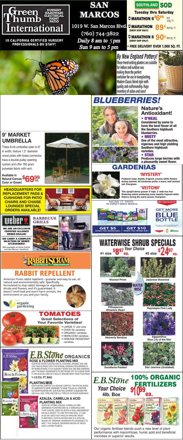 The front page of a magazine highlighting a butterfly and flowers at a socal garden center