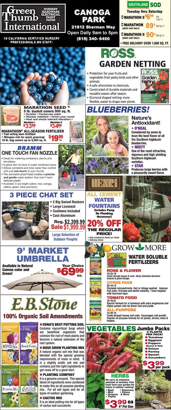 A flyer showcasing a vibrant garden and an array of vegetables offered by a nearby nursery.