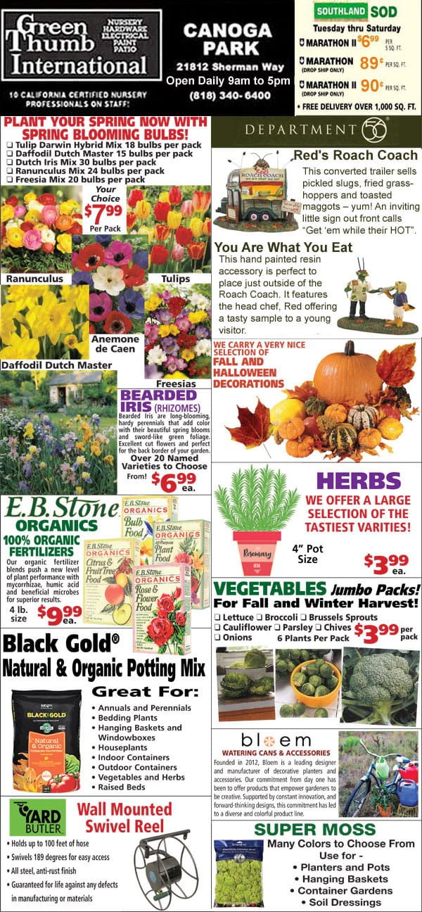A flyer promoting a local nursery in Southern California with a variety of plants and flowers.