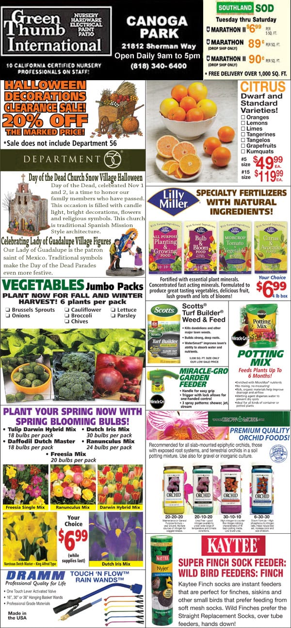 The front page of a newspaper featuring various products from a socal nursery.