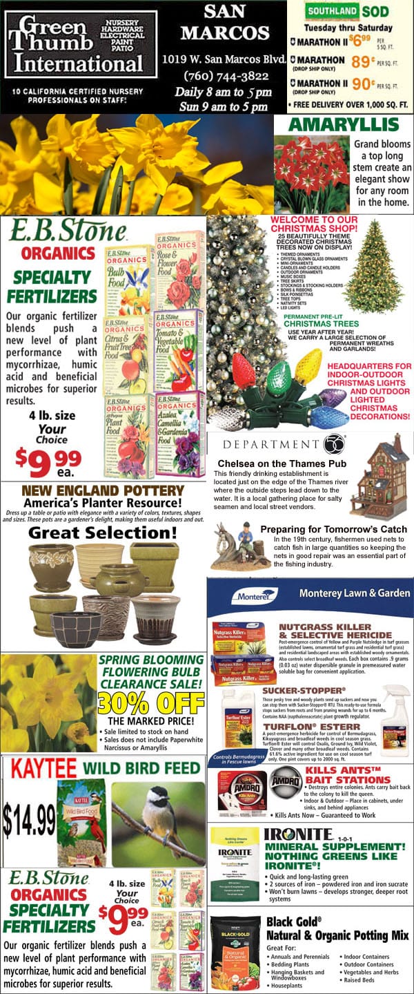 A flyer highlighting a variety of flowers and plants available at the best garden center near me.
